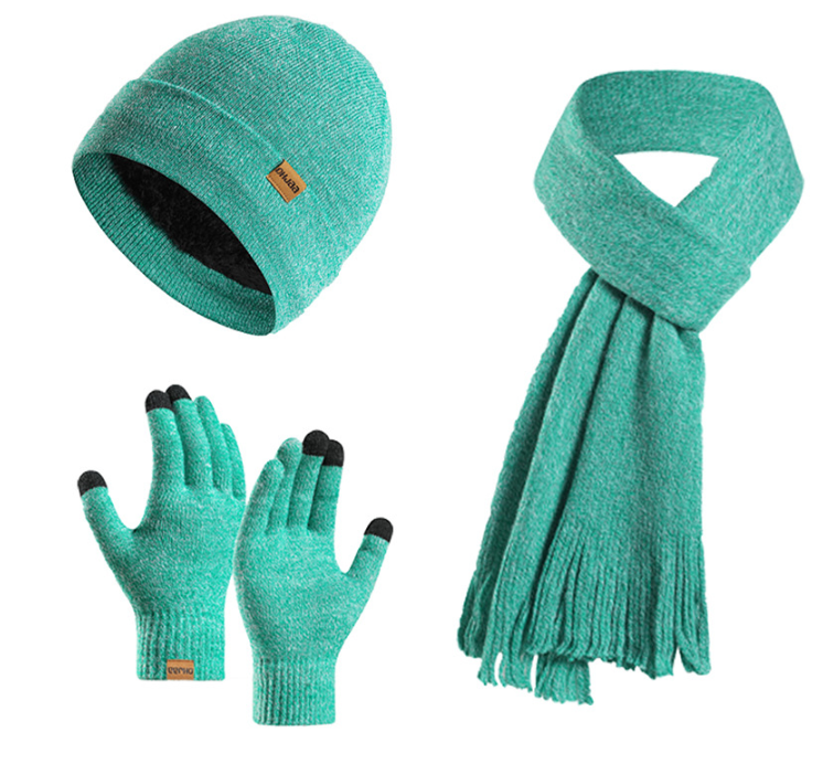 Fleece Knitted Hat, Scarf and Gloves Three-piece Warm Wool Set